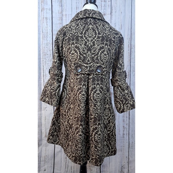 Anthropologie LUII S/M Brown Damask Swing Coat Tapestry‎ Wool Blend 3/4 Sleeve - Picture 6 of 9